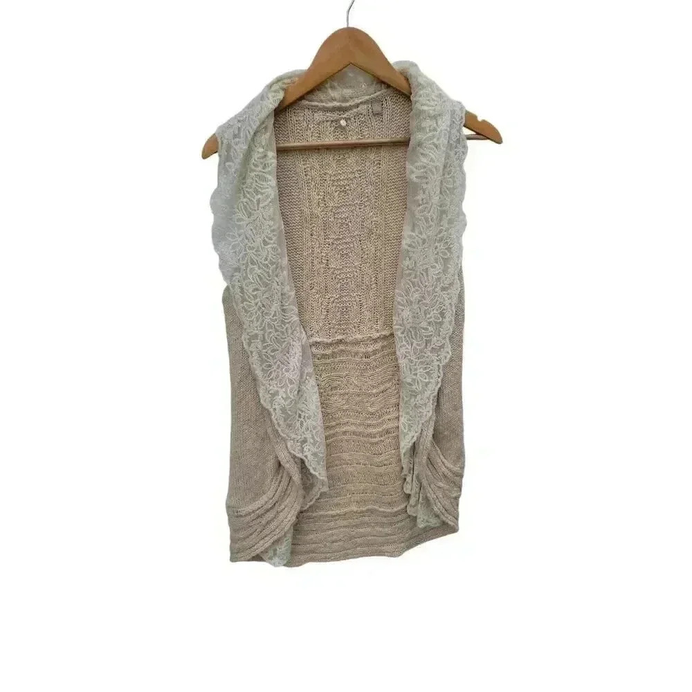 Anthropologie Knitted & Knitted Cream Open Front Cardigan lace Trim Size XS - Picture 8 of 8